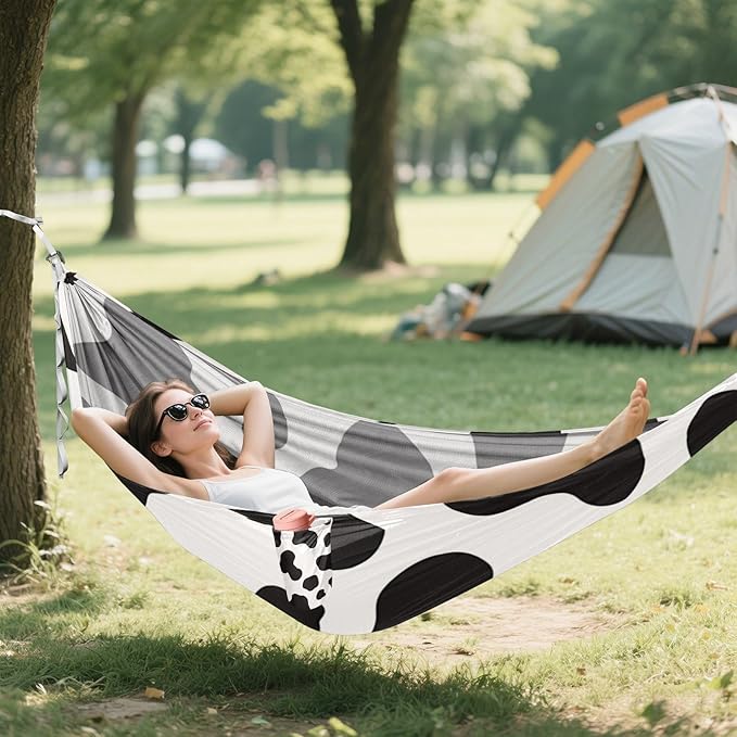 Cow Print Black White 330lb Capacity Camping Hammock with Tree Straps Backyard Hammock for Outside Patio Garden Bases para hamacas para adultos