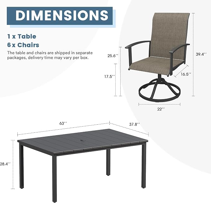 DIFY 7 Pieces Outdoor Dining Set, Metal Patio Table and Chairs Set for 6 with Umbrella Hole, 63" Black Rectangle Table and Brown Textilene Swivel Patio Chairs for Garden, Backyard, Poolside