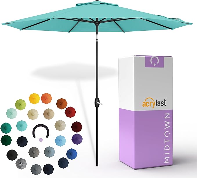 Midtown Umbrellas – The Lean 9 Ft Patio Umbrella with 10-Year-No-Fade Acrylast Acrylic Fabric, Auto-Tilt and 8 Reinforced Ribs for Deck, Pool, Garden, Hotel & Cafes – Azure Canopy, Black Pole
