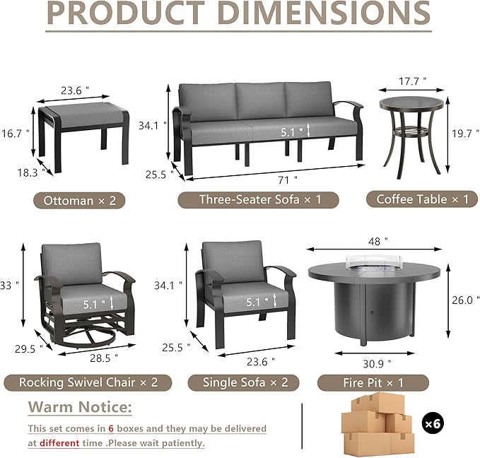ALAULM Aluminum Patio Furniture Set with Round Propane Fire Pit Table 9-seat Metal Outdoor Furniture w/Swivel Chairs & 2 Ottomans Patio Sectional Sofas for Porch, Lawn, Poolside（Grey