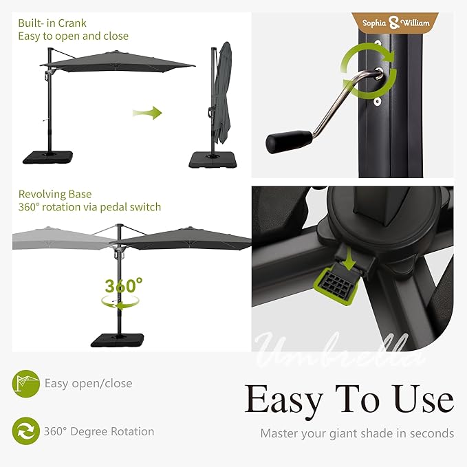 Sophia & William Cantilever Patio Umbrella 9x12ft, Large Outdoor Umbrellas with Crank Handle, 6-Level Tilt and 360° Rotation, Windproof Crashproof Design for Pool Garden Backyard with Base (Grey)