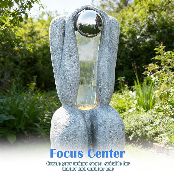 44" H Outdoor Thinker Modern Fountain, Curved Glass Flowing Water with LED Lights, Imitation Stone Texture Fountain with Stainless Steel Balls, Waterfall Art Decorative Fountain for Home Garden Decor