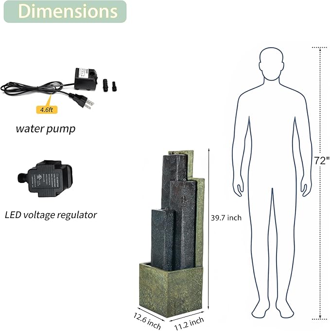 39.7" H Modern Vertical Outdoor Water Fountain with LED Lights and Pump, Floor Standing Waterfall Feature Outdoor Garden Fountain for Garden, Porch, Patio and Backyard