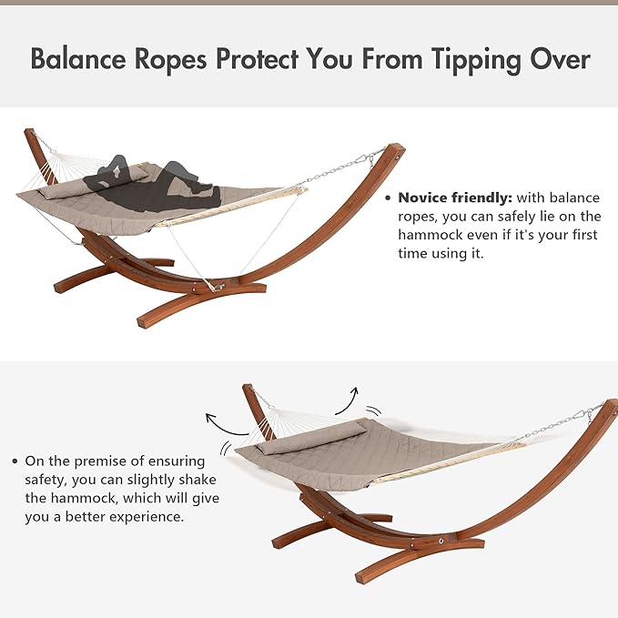 ANOW 13.5FT Curved Wooden Stand with Rope Hammock, Heavy Duty Larch Wood Arc Stand with 2 Chains, 4 Balance Ropes and 4 Carabiners, Includes Light Brown Hammock with Spreader Bars