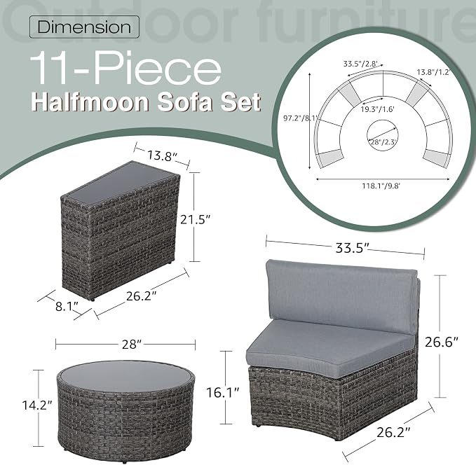 SUNSITT Outdoor Patio Furniture 11-Piece Half-Moon Sectional Round Set Curved Sofa with Tempered Glass Coffee Table, 4 Pillows, Grey Rattan