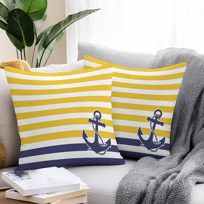 Throw Pillow Covers 24x24 Inch Set of 2, Yellow Striped Waterproof Outdoor Cushion Covers, Navy Blue Nautical Anchor Geometric Decorative Pillowcases for Couch, Sofa, Bed, Garden, Patio
