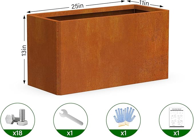 Co rten Steel Planters - 25x11x13H Inch Small Size, Rectangular Planter for Patio, Garden, Porch - Brown