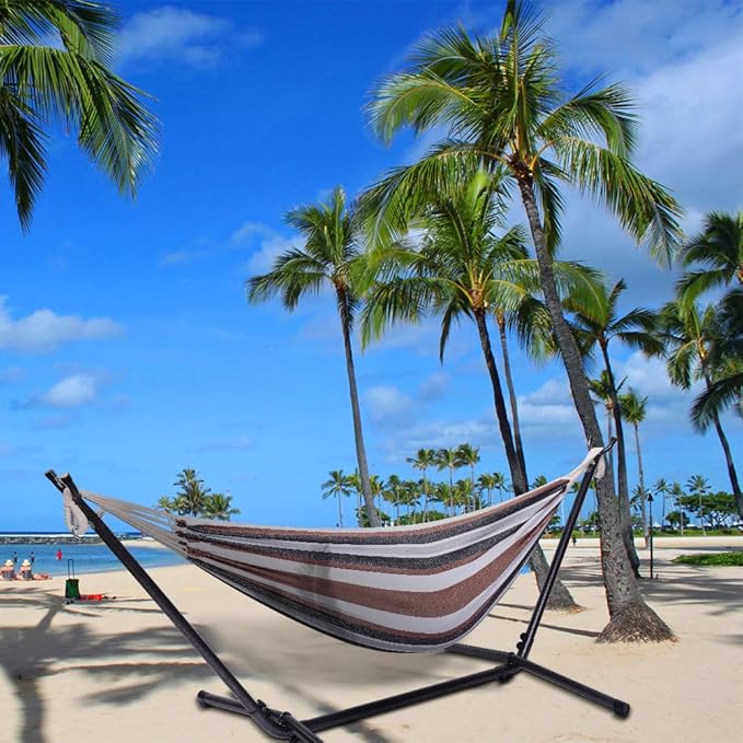 Portable Outdoor Polyester Hammocks Set,Professional Hammock Stand,Outdoor Patio Hammocks,Indoor Swing Hammock Chair Set,with Carry Bag,for Outside Patio Porch Beach Backyard (Coffee Stripe)