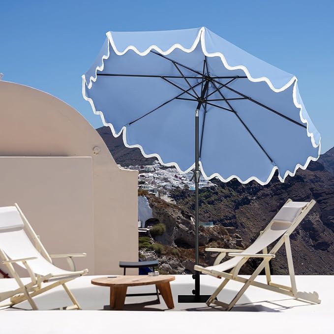 Tempera 9FT Scalloped Tassel Patio Umbrella, Outdoor Market Umbrellas with 8 Sturdy Ribs with Crank & Pust Button Tilt,Fade Resistant Canopy