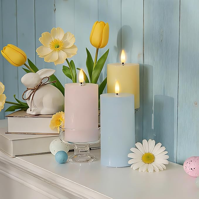 Flameless Easter Candles with Remote, Battery Operated Pastel Spring Candles for Home & Table Decor, Realistic Flickering LED Pillar Candles for Easter & Spring Decor Set of 3