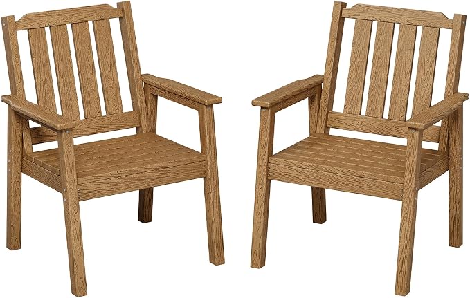 Takywep 23.9” Wide HDPE Patio Dining Chairs Set of 2, 650LBS Capacity All-Weather Yard Armchair with Slatted Seat, Heavy Duty Modern Backyard Furniture for Garden, Poolside, Deck, Natural
