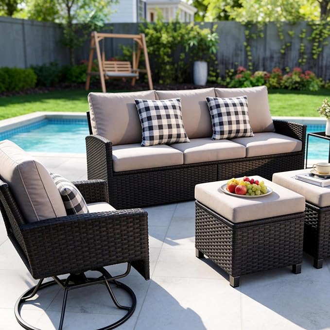 6 Piece Outdoor Furniture Set, Rattan Patio Furniture with 2 Swivel Chairs, 3-Seat Sofa, 2 Ottoman & Side Table, All-Weather Conversation Set for Porch Garden Lawn Balcony (Black & Gray)
