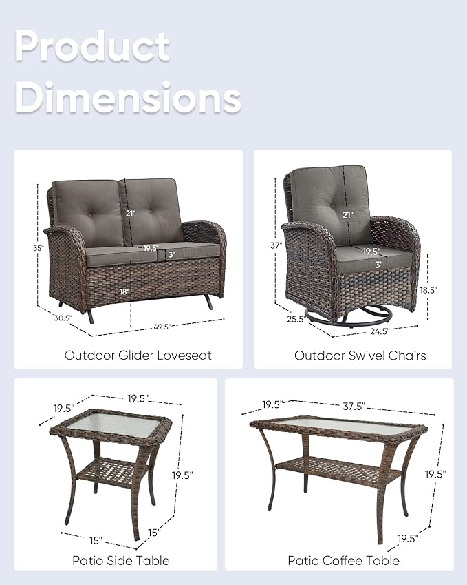 5 Pieces Patio Furniture Set-Outdoor Rocking Chairs Set of 2 Outdoor Glider Bench with Wicker Outdoor Coffee Table for Deck Lawn Porch Balcony Poolside-Brown/Grey