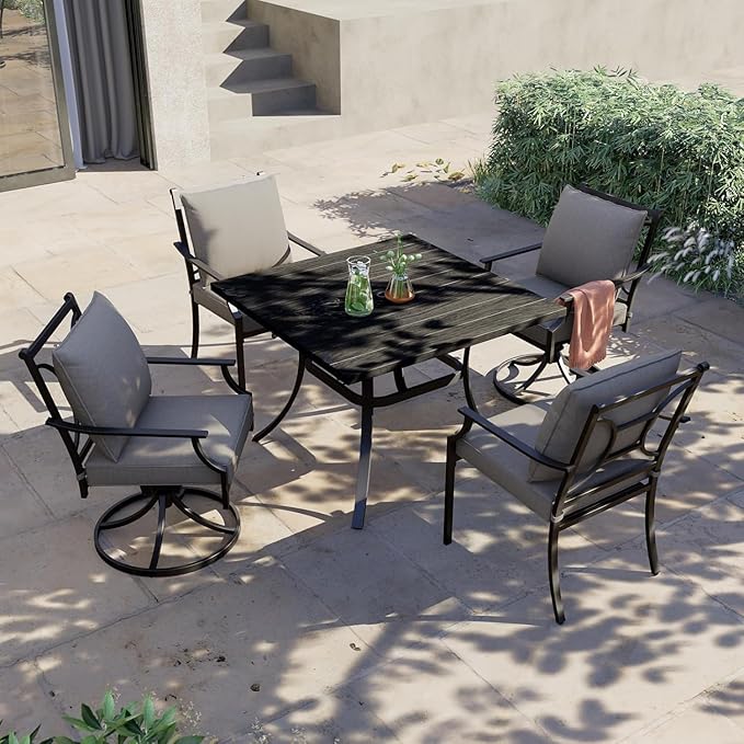 Grand patio Outdoor Patio Dining Set 5-Piece E-Coated Outdoor Furniture Set with 2 Swivel Dining Chairs & 2 Fixed Dining Chairs and 1 Square Dining Table with Umbrella Hole, Grey