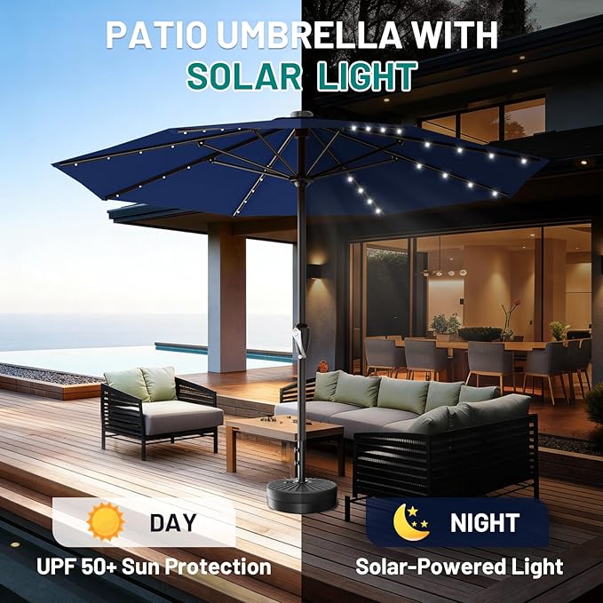AreShark 12FT Large Patio Umbrella with Solar Lights, Solar Powered Outdoor Umbrella with Crank, Patio Table Market Umbrellas for Garden, Deck, Backyard, Pool and Beach, Navy