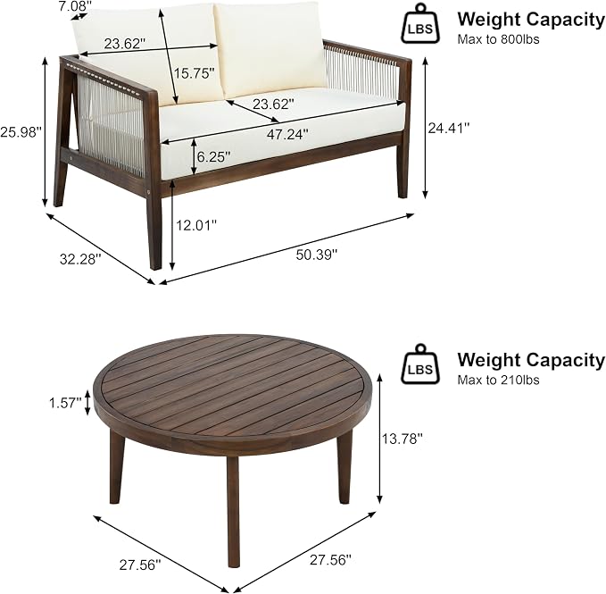 Christopher Knight Home Lalulu Outdoor Loveseat Sofa and Coffee Table Set, Acacia Wood Patio Furniture Set with Cushion, Solid Wood Outdoor Conversation Set, Dark Brown+Beige
