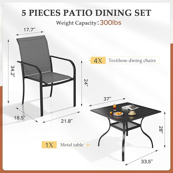 Crownland 5 Piece Patio Dining Set, Outdoor Textilene Dining Sets, 4 Textilene Metal Chairs and Square Outdoor Dining Table with 1.57" Umbrella Hole (Grey)