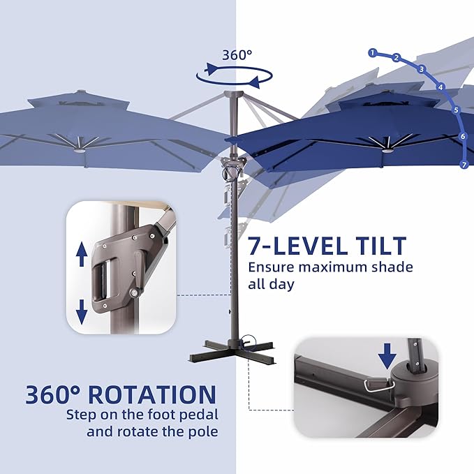 9 X 12 FT Cantilever Outdoor Patio Umbrella with LED Lights Large Heavy Duty 360° Rotation Double Top Offset Rectangular Umbrellas for Backyard Garden Pool Outside Deck, Navy
