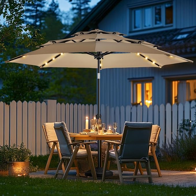 wikiwiki 9FT 3Tiers Solar Led Patio Umbrella, Sturdy Outdoor Market Umbrella for Deck, Pool, Garden w/Tilt, Crank, 32 LED Lights, Tan