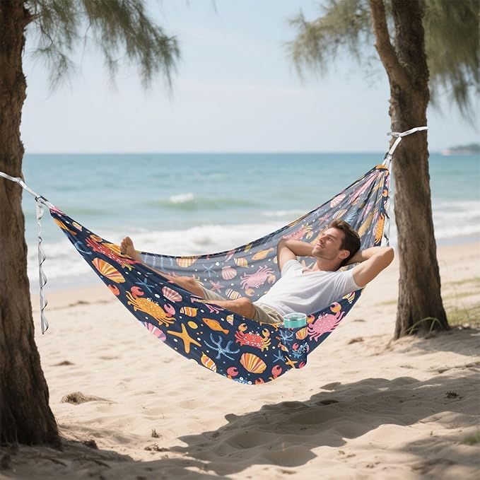 Camping Hammock Outdoor Hammocks for Outside Crabs Shells Starfish Beach Trees Portable Lightweight with Pockets Tree Straps Indoor