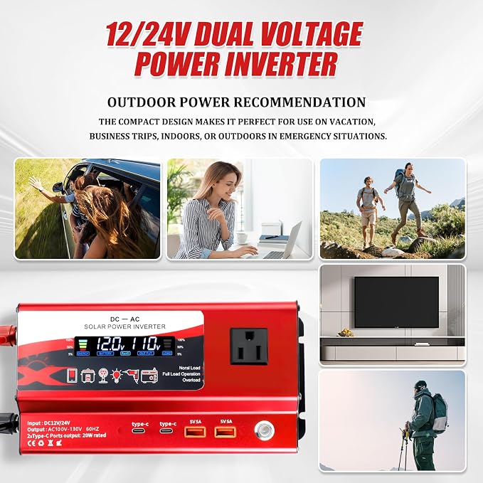 12V/24V Car Power Inverter Converter, Dual Type C Dual USB Dual Cigar Lighter Ambient Light LCD Display Adapter with Wide Compatibility, Suitable for Cars and Trucks (Red, 1000W)