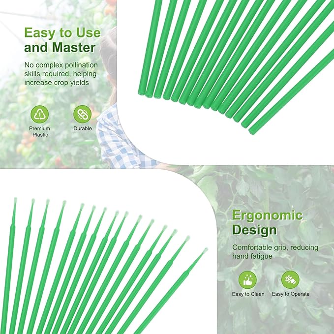 M METERXITY 200-Pack Pollinator Brush, 0.08inch/2mm Plastic Vegetable Pollinator Pen Manual Pollination Tool for Gardening/Greenhouse/Hydroponic Plants/Flower [Dark Green]