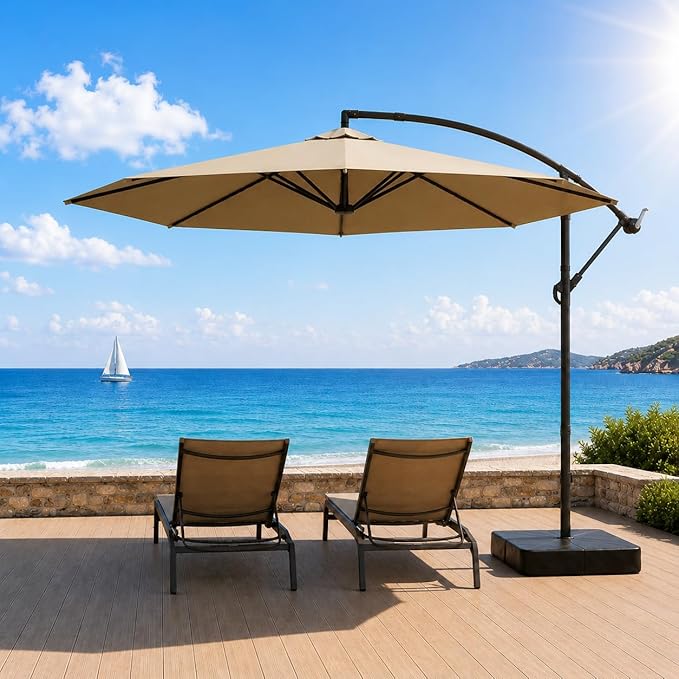 10FT Patio Umbrella with Base, Outdoor Umbrella Pool Umbrella Cantilever Umbrells - UV Protection, Easy Tilt & 360° Rotation for Poolside, Backyard & Garden