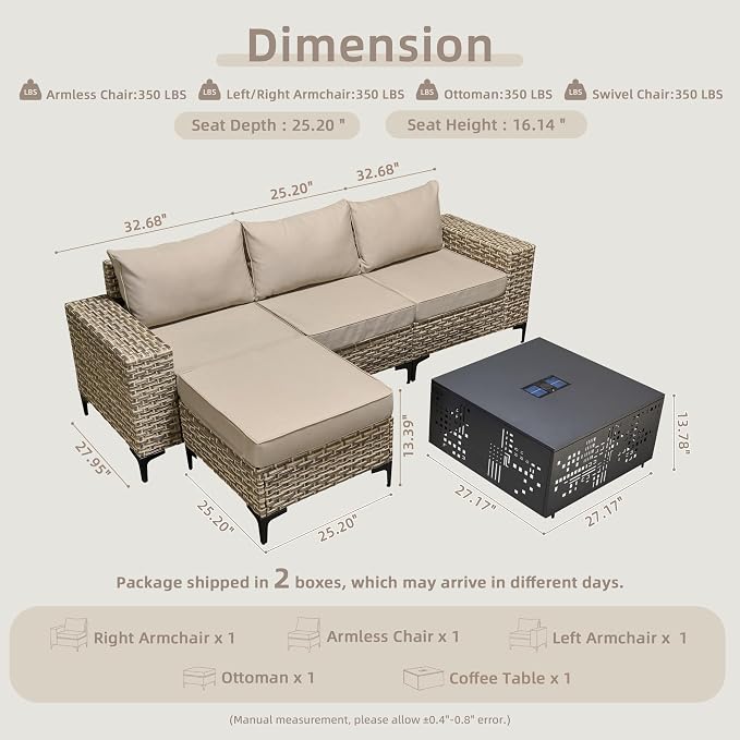 CAODOC 5-Piece Patio Furniture Set with L-Shape Sofa Chaise, Outdoor Sectional Couch Solar Table, Modern Modular Wicker Rattan Conversation Set