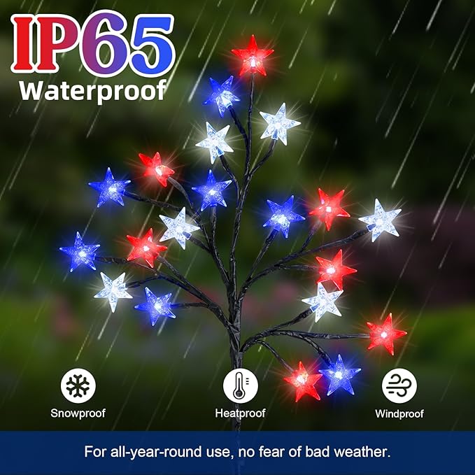 Lewondr 4th of July Decorations Solar Garden Lights, Outdoor Red Blue White Star Solar Lights, Waterproof Patriotic Decor with 20 LED 2 Lighting Modes for Independence Day Memorial Day, 4 Pack
