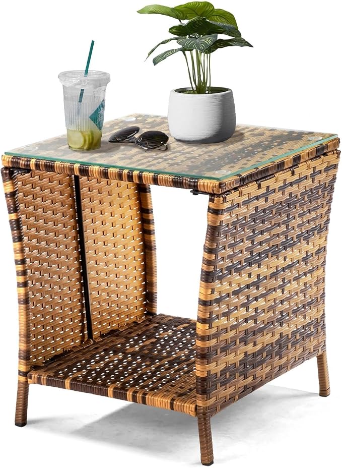 HOMSUPPLIE'S Outdoor Rattan Side Table with Storage, Square Patio Coffee Table w/Tempered Glass Top, Wicker End Table for Porch, Balcony, Poolside & Backyard(Yellow,Tempered Glass sty.3)