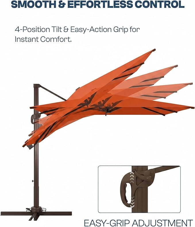 8' X 8' Patio Umbrella, Cantilever Umbrella with 360°Rotation, Offset Patio Umbrella with Easy Tilt & Fade Resistance for Pool Deck Garden Backyard, Orange (Base not Included)