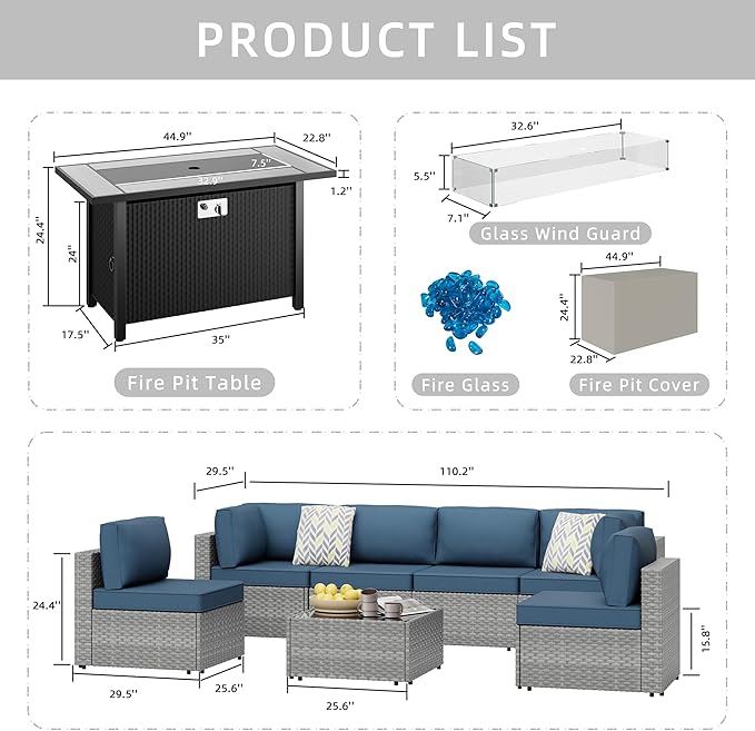 JAMFLY 8 Piece Outdoor Patio Furniture Set with Propane Fire Pit Table, All-Weather PE Wicker Rattan Sectional Sofa Set with Thick Cushions for Backyard, Garden, Poolside(Aegean Blue, Silver)