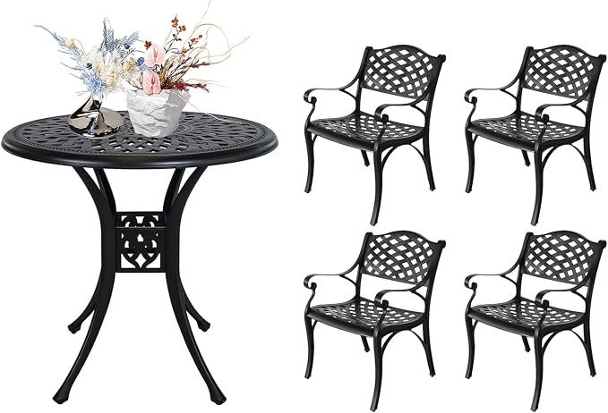 5 Piece Patio Dining Set, All Weather Cast Aluminum Outdoor Dining Table and Chairs Set of 4, Patio Furniture Conversation Set with 4 Chairs and 30.31" Round Table, 2.36" Umbrella Hole