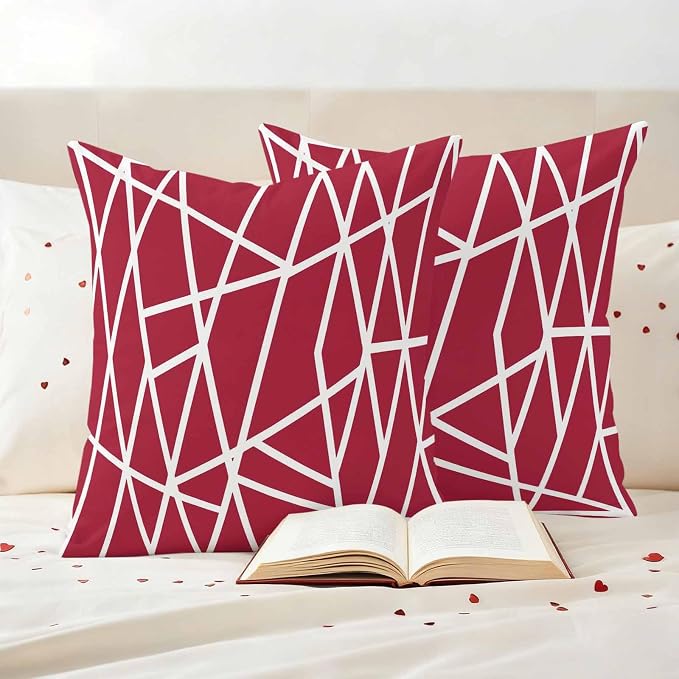 Outdoor Pillow Covers Waterproof, Red Geometric Decorative Square Throw Pillowcases Patio Cushion Covers for Tent/Garden, 18" x 18" 2 Pack, Abstract Stripes Modern Minimalist