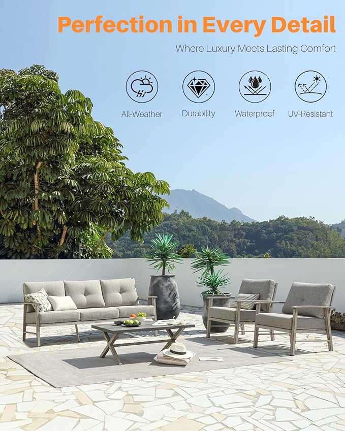 Aluminum Patio Sofa Set, 4 Piece Outdoor Patio Furniture Set with Thick Cushions, All Weather Outdoor Sectional Sofa Couch Sets for Deck, Lawn, Poolside, Backyard, White Oak