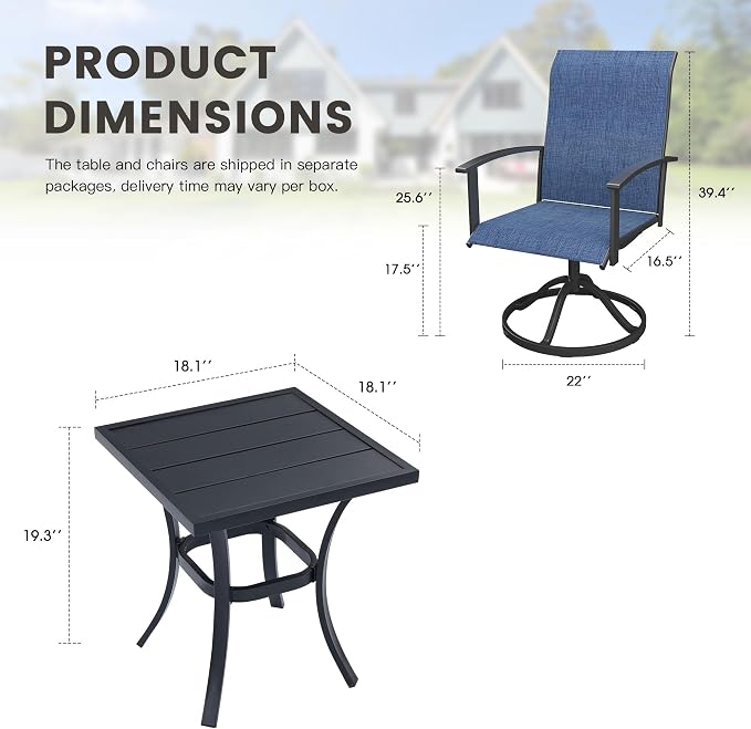 3 Pieces Small Patio Dining Set, Outdoor Furniture of 18.1" Square Patio Side Table & Patio Swivel Chairs for Backyard Lawn Garden, Black Table and Dark Blue Chairs