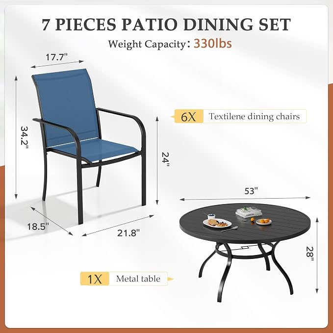 7-Piece Patio Dining Set,6 Person Outdoor Table and Chairs Set, 6 Metal Dining Chairs and Round Outdoor Table with 1.57" Umbrella Hole,Blue