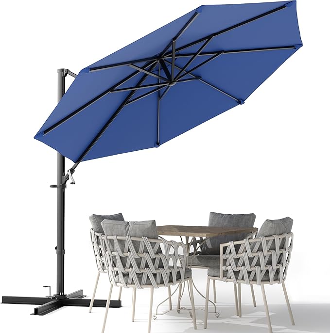 Devoko 10ft Cantilever Patio Umbrella, Round Large Outdoor Umbrella with 360-Degree Rotation, Hanging Offset Market Sun Umbrella, Easy Tilt and Heavy-Duty Frame, for Patio Backyard Garden, Navy Blue