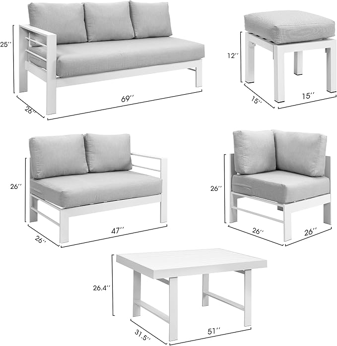 Wisteria Lane Aluminum Outdoor Patio Furniture Set, Metal Outside Patio Furniture Conversation Sets with Dining Table&2 Ottomans, Sectional Sofa Couch Seating Set with Cushions for Backyard