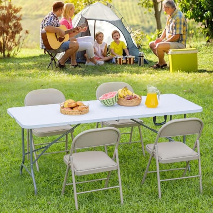 6-Foot Portable Table, Folding Table, Outdoor Indoor Heavy-Duty Portable Table with Handles for Camping Picnic Parties, White