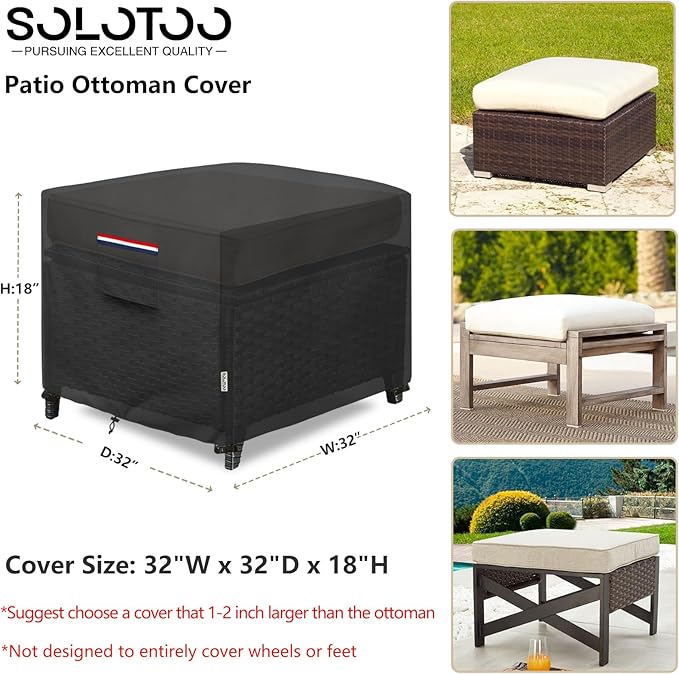 Patio Ottoman Cover Waterproof Heavy Duty Square Outdoor Ottoman Covers, 32W x 32D x 18H Inches Patio Furniture Covering Protector Outdoor Side Table Cover (Black)