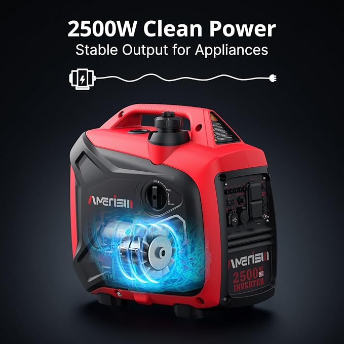 AMERISUN Portable Inverter Generator 2500W Gas Powered, CO Sensor, Super Quiet Gas Generator for Home Backup, Emergency, Camping,EPA Compliant