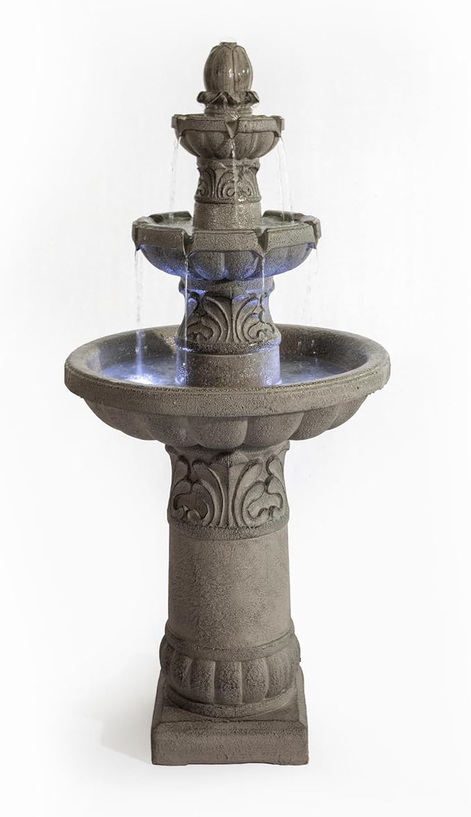 3-Tier Outdoor LED Water Fountain, 52'' Tall Garden Waterfall with Cascading Bowls, Large Freestanding Resin Fountain with Pump for Patio, Yard, Porch & Indoor Use