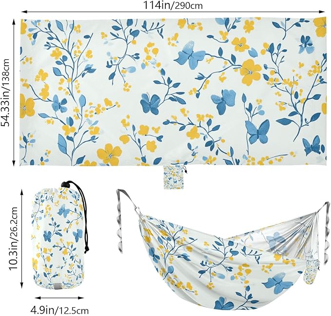 Multi-Small Flowers Butterflies Yellow and Light Blue 330lb Capacity Camping Hammocks with Portabl Carry Bag Backyard Hammock for Indoor Outdoor Patio jamaca para Patio