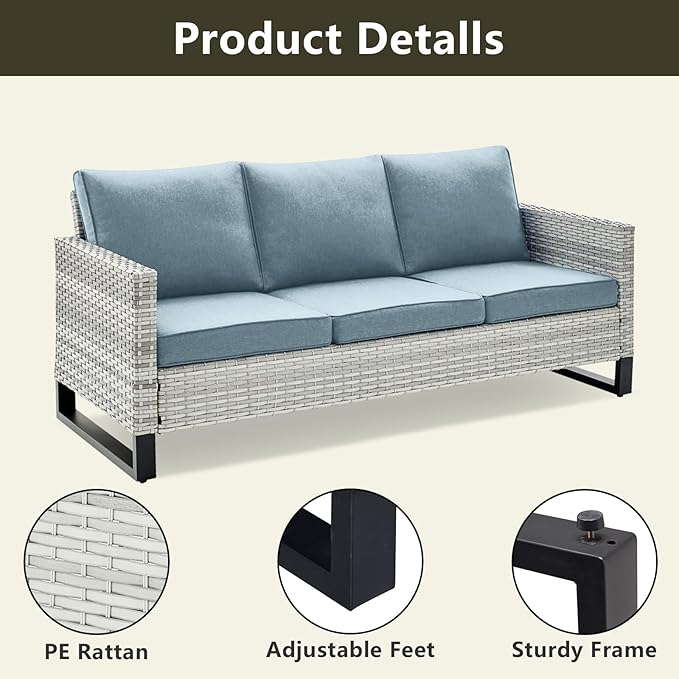 Rilyson Wicker Outdoor Patio Furniture Set - 7 Piece Patio Conversation Set with 4 Swivel Rocker Chairs,2 Rattan Ottoman and 1 Couch for Outside Porch Deck Backyard(Light Grey/Sky Blue)