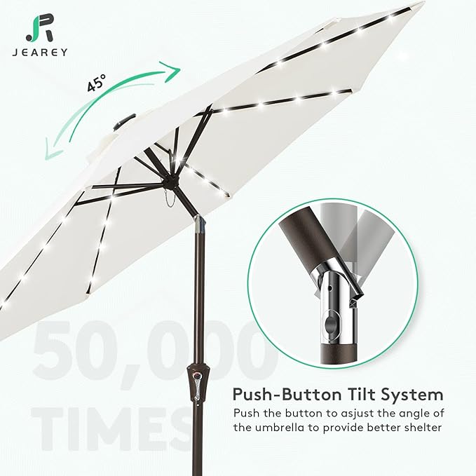 JEAREY 9FT Outdoor Patio Umbrella with Solar Lights, LED Lighted Pool Umbrella with Tilt and Crank, Outdoor Table Umbrellas for Deck, Yard & Market (Off White)