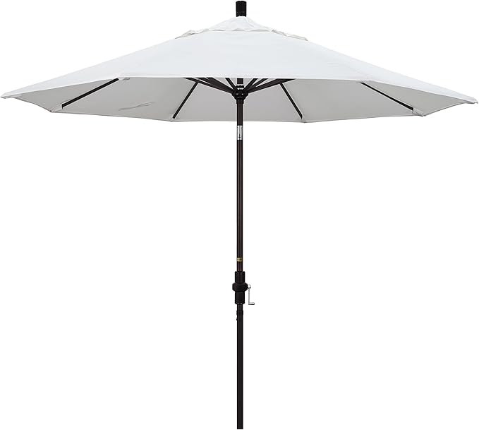 California Umbrella 9' Round Aluminum Market Umbrella, Crank Lift, Collar Tilt, Bronze Pole, White Olefin