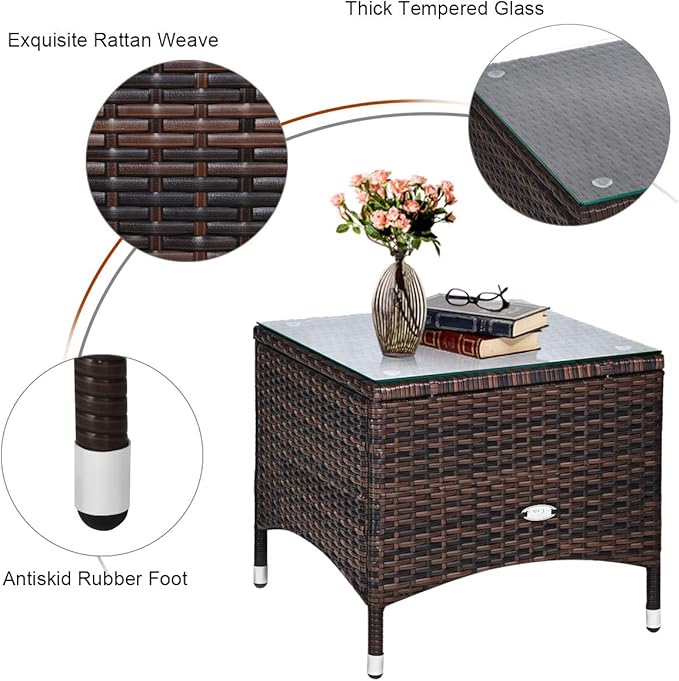 Tangkula 3-Piece Patio Conversation Set, Ourdoor Wicker Furniture Set, Rattan Coffee Table & Chairs Set with Cushions, Outdoor Conversation Set for Garden Balcony Backyard (Cream)