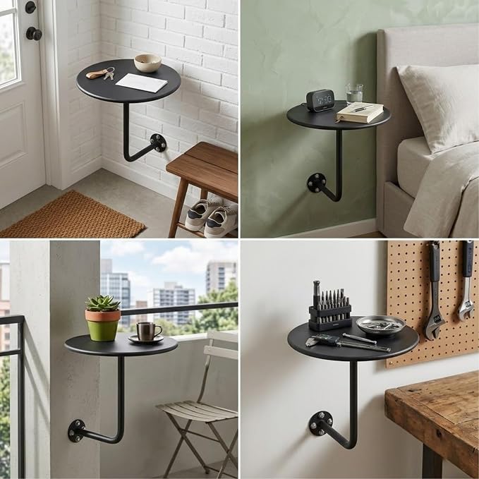 Wall Mounted Round Table, 12-20in Bar Table with L-Type Bracket, Floating Side Table for Indoor/Outdoor Use, 25kg Load Capacity