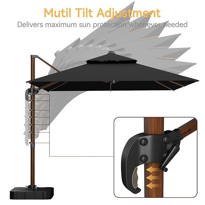 10x13 FT Wood Pattern Patio Umbrella with Base, Large Deluxe Cantilever Rectangular Double Top Heavy Duty Offset Umbrellas with 360° Rotation, Outdoor shade for Garden Pool Patio, Black
